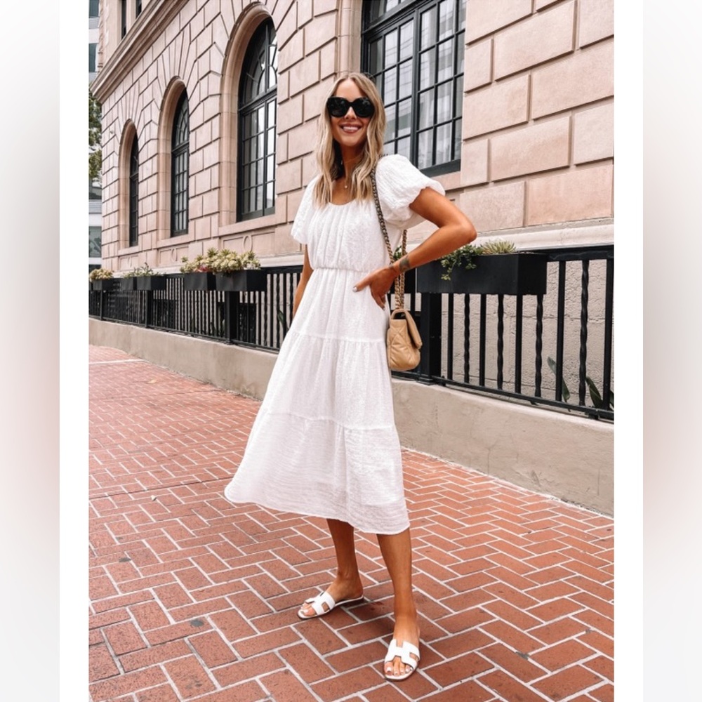 White Puff Sleeve Midi Dress